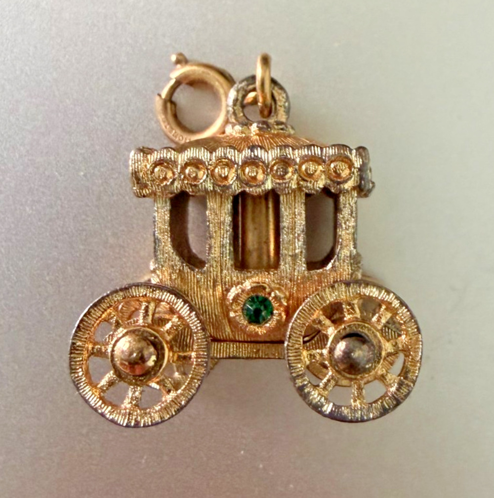 Vintage Monet Princess Carriage Charm Gold Tone 1960s Crystals Wheels Spin